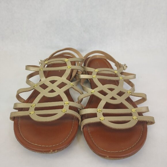 Report Gold Strappy Sandals Women’s 8.5 Flats Ankle Wrap Buckle Gladiator Beach - Picture 2 of 14